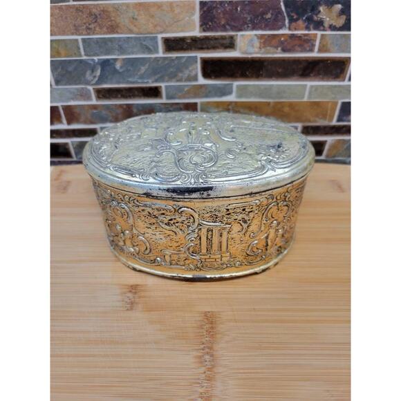Vintage Jewelry Box Ornate Oval Lined Silver Toned - Picture 2 of 8